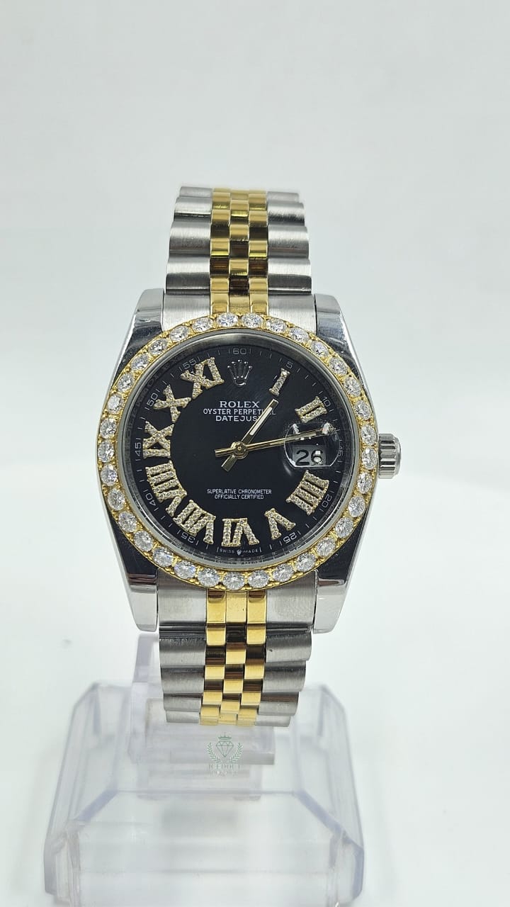 Rolex Datejust Silver & Yellow Gold Grey Dial Iced Bezel Jubilee Chain Automatic