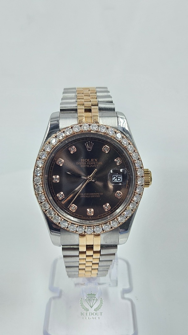 Rolex Datejust Silver & Yellow Gold Brown Dial Iced Bezel Jubilee Chain Automatic