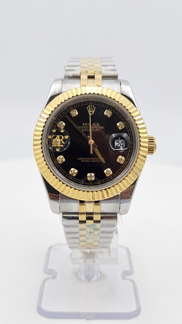 Rolex Datejust Silver & Yellow Gold Black Dial Jubilee Chain Automatic