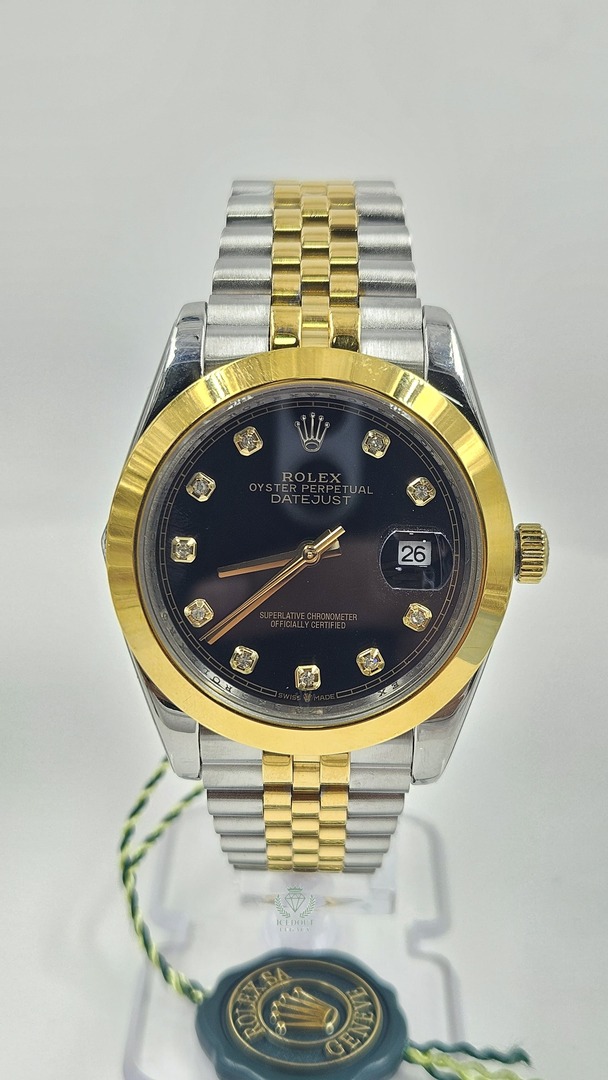 Rolex Datejust Silver & Yellow Gold Black Dial Jubilee Chain Automatic