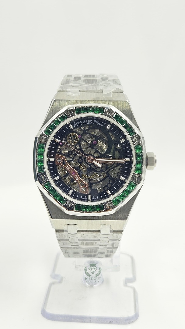 Audemars Piguet Royal Oak Silver Skeletonized Dial Iced Bezel Automatic