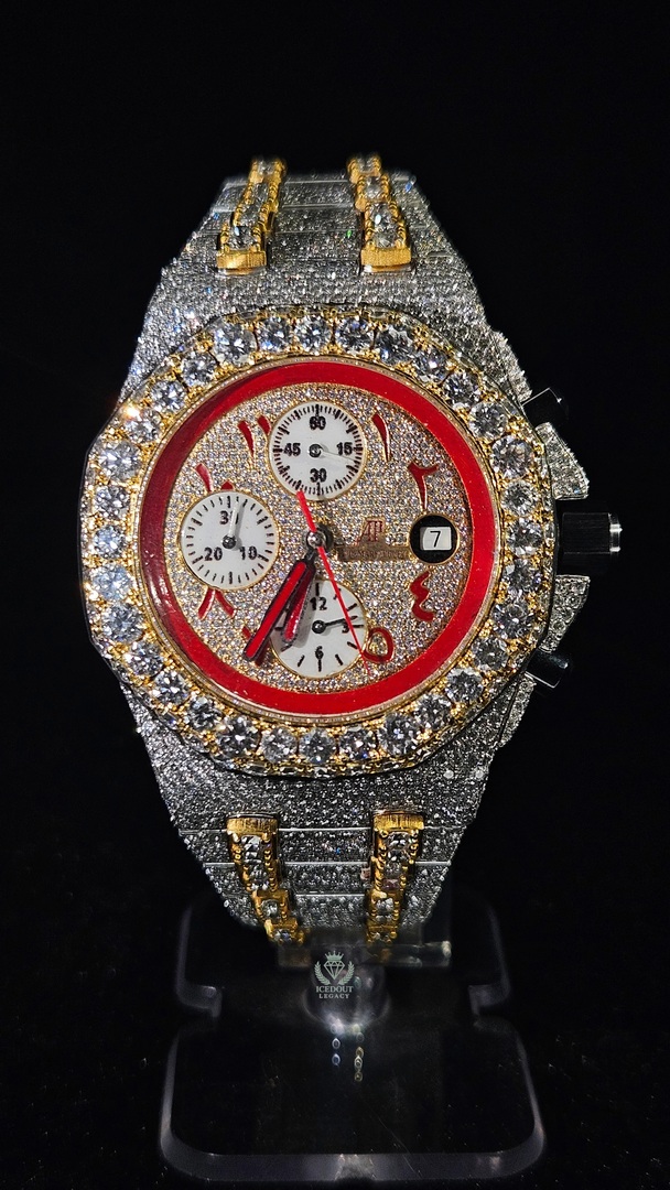 Audemars Piguet chronograph Full Iced Out Yellow Gold & White Arabic Red Dial Automatic