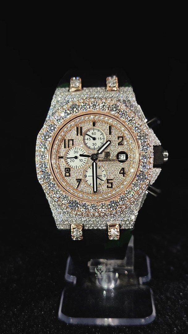 Audemars Piguet chronograph Black rubber strap Full Iced Out Rose Gold & White Numerical Dial Automatic