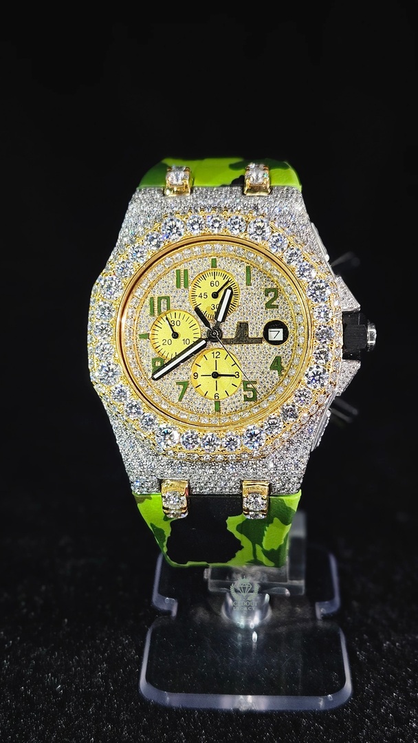Audemars Piguet chronograph Green rubber strap Full Iced Out Yellow Gold & White Numerical Dial Automatic