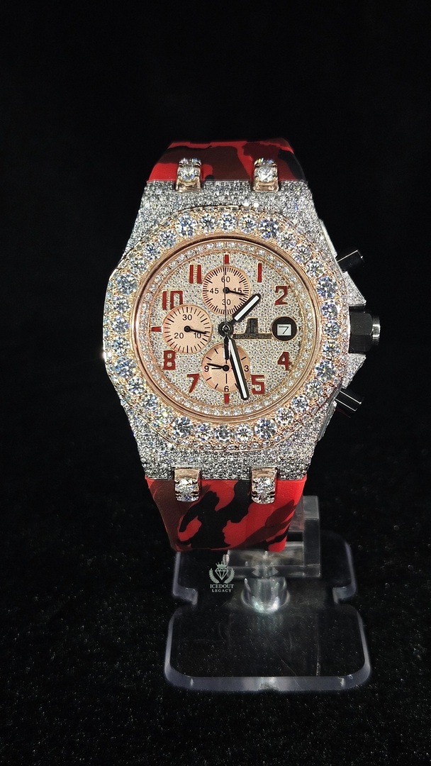 Audemars Piguet chronograph Red rubber strap Full Iced Out Rose Gold & White Numerical Dial Automatic