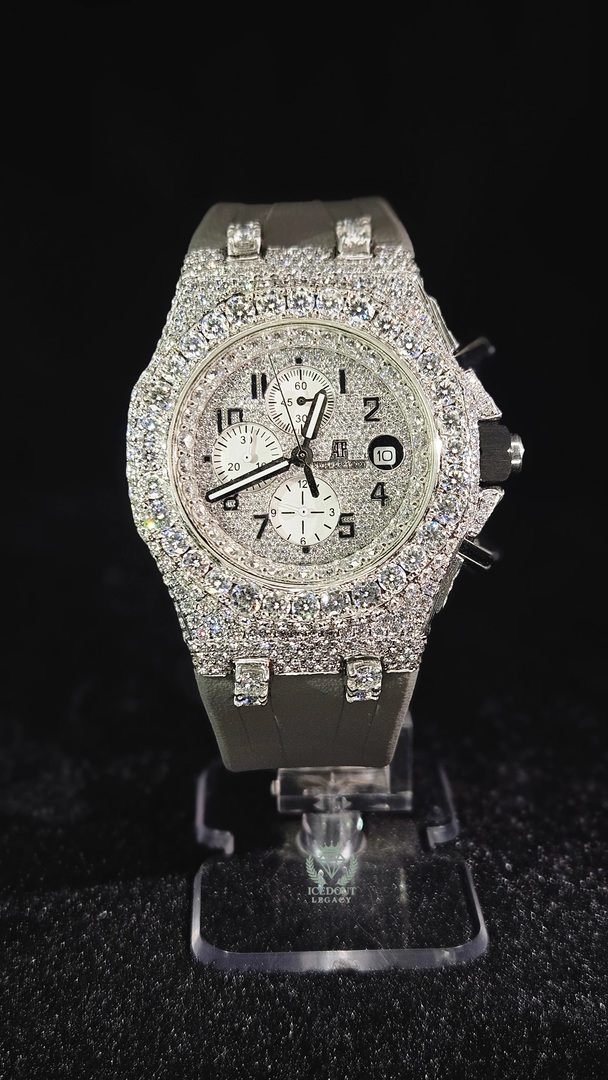 Audemars Piguet chronograph Grey rubber strap Full Iced Out White Numerical Dial Automatic