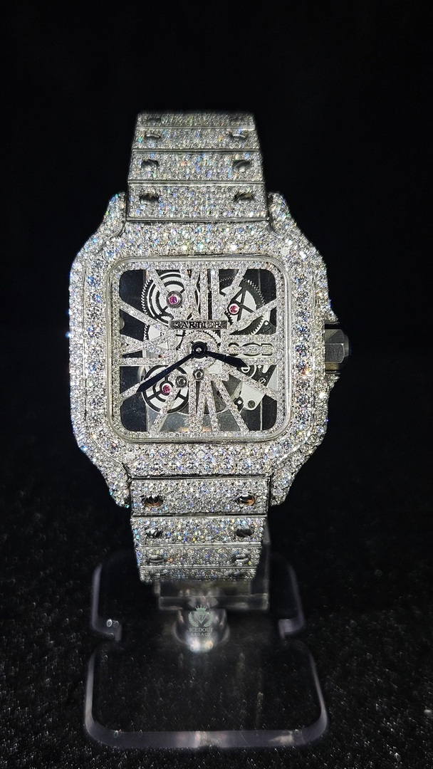 Cartier Full Iced Out White Skeleton Dial Automatic