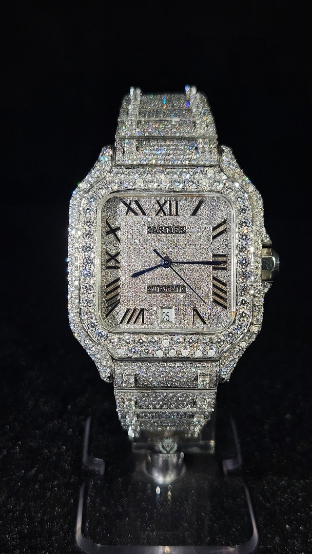 Cartier Full Iced Out White Roman Dial Automatic