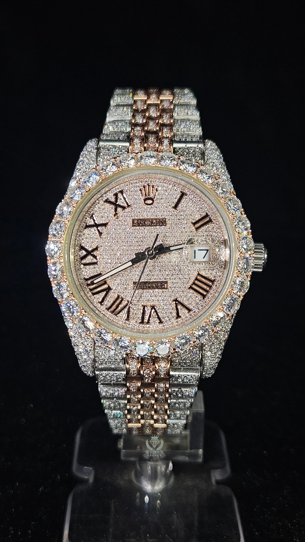 Rolex Datejust Full Iced Out Rose Gold & White Roman Dial Jubilee Chain Automatic