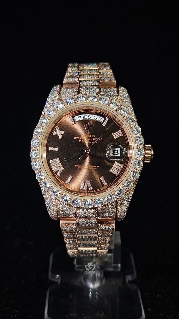 Rolex Day-Date Full Iced Out Rose Gold Brown Roman Dial President Chain Automatic
