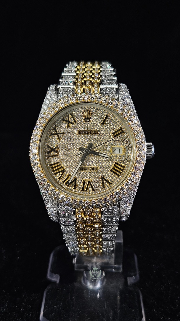 Rolex Datejust Full Iced Out Yellow Gold & White Roman Dial Jubilee Chain Automatic