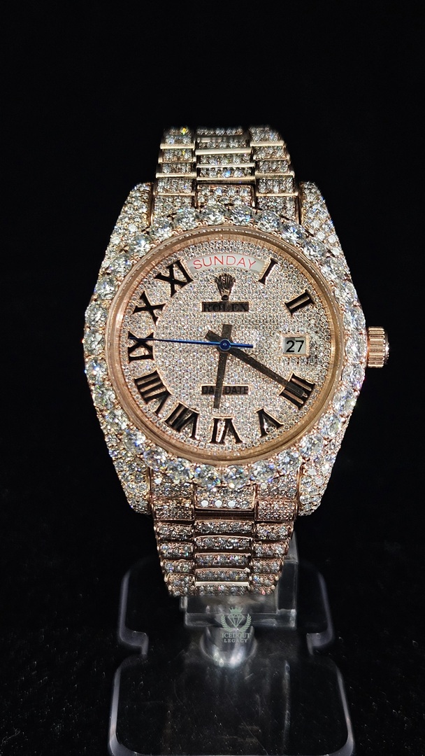 Rolex Day-Date Full Iced Out Rose Gold Roman Dial President Chain Automatic