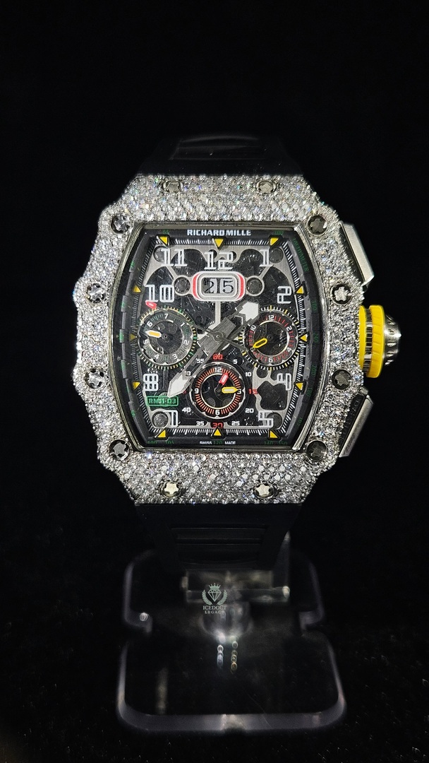 Richard Mille RM 11-03 Iced Out Black Rubber Band White Skeleton dial Automatic