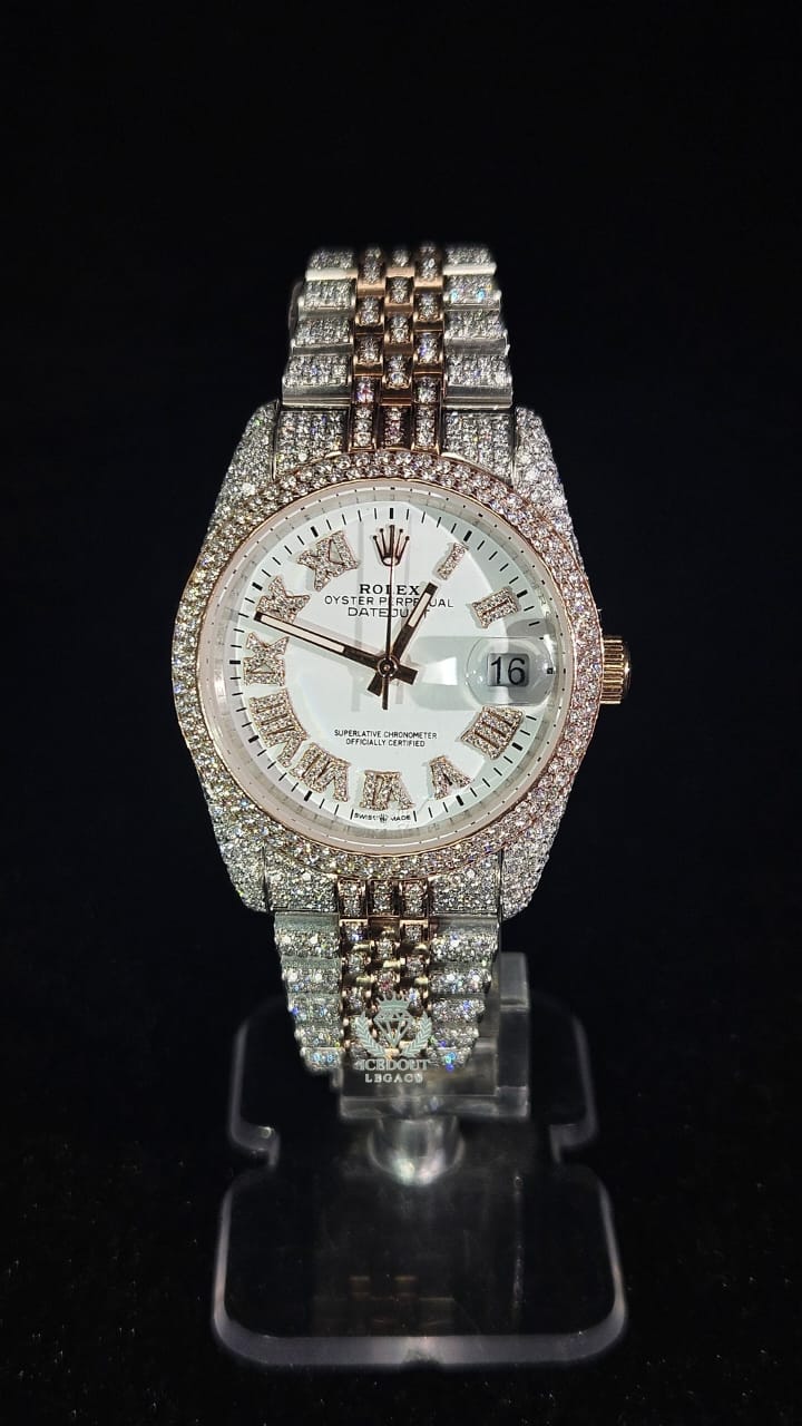 Rolex Datejust Full Iced Out Rose Gold & White Roman White Dial Jubilee Chain Automatic