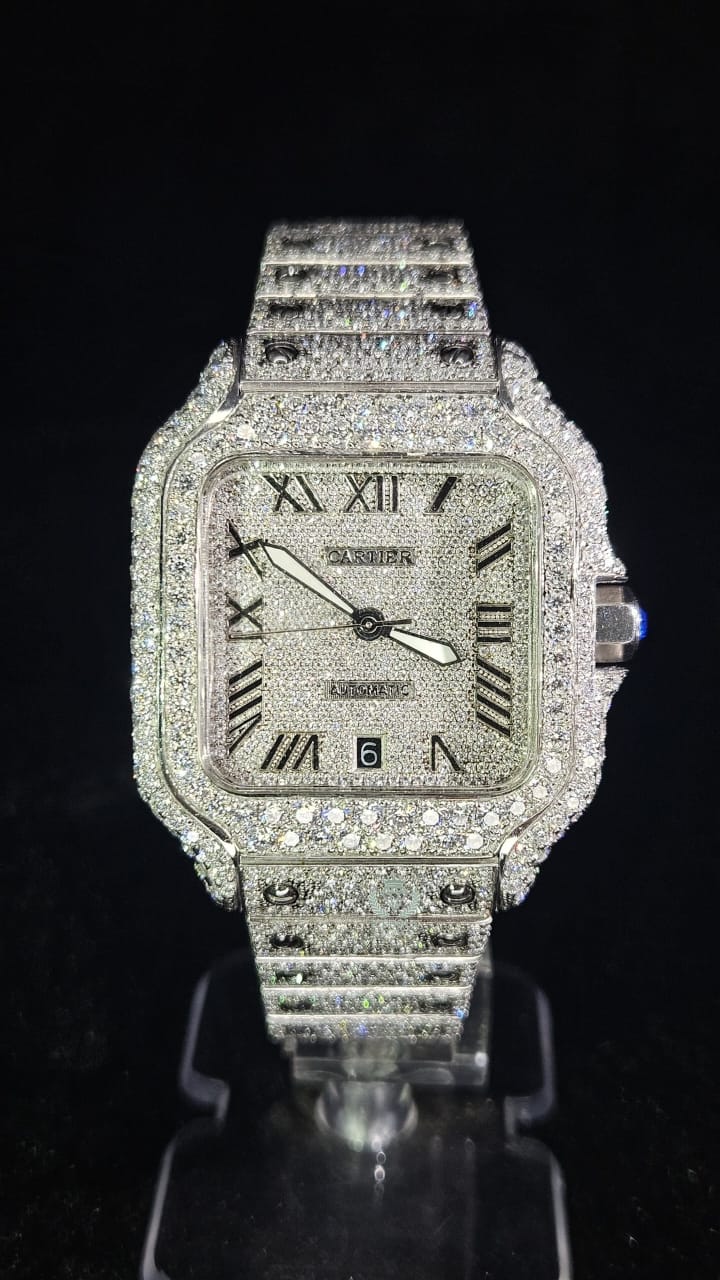 Cartier Full Iced Out White Roman Dial Automatic