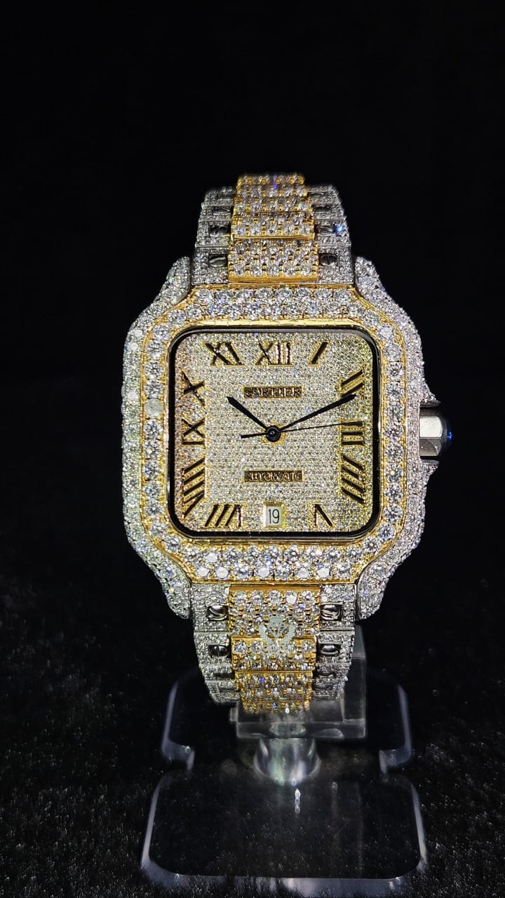 Cartier Full Iced Out Yellow Gold & White Roman Dial Collet Band Automatic