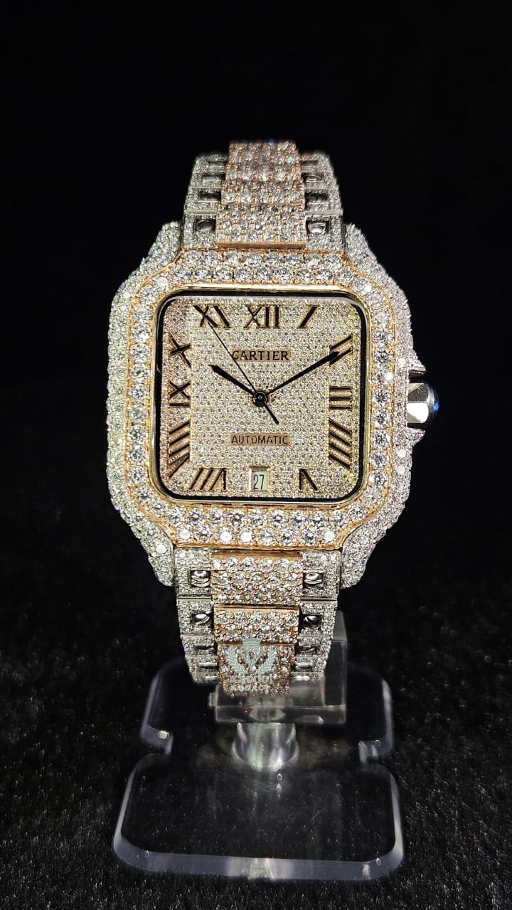 Cartier Full Iced Out Rose Gold & White Roman Dial Collet Band Automatic