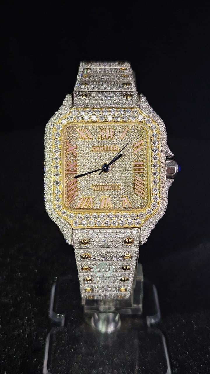 Cartier Full Iced Out Yellow Gold & White Roman Pink Dial Automatic