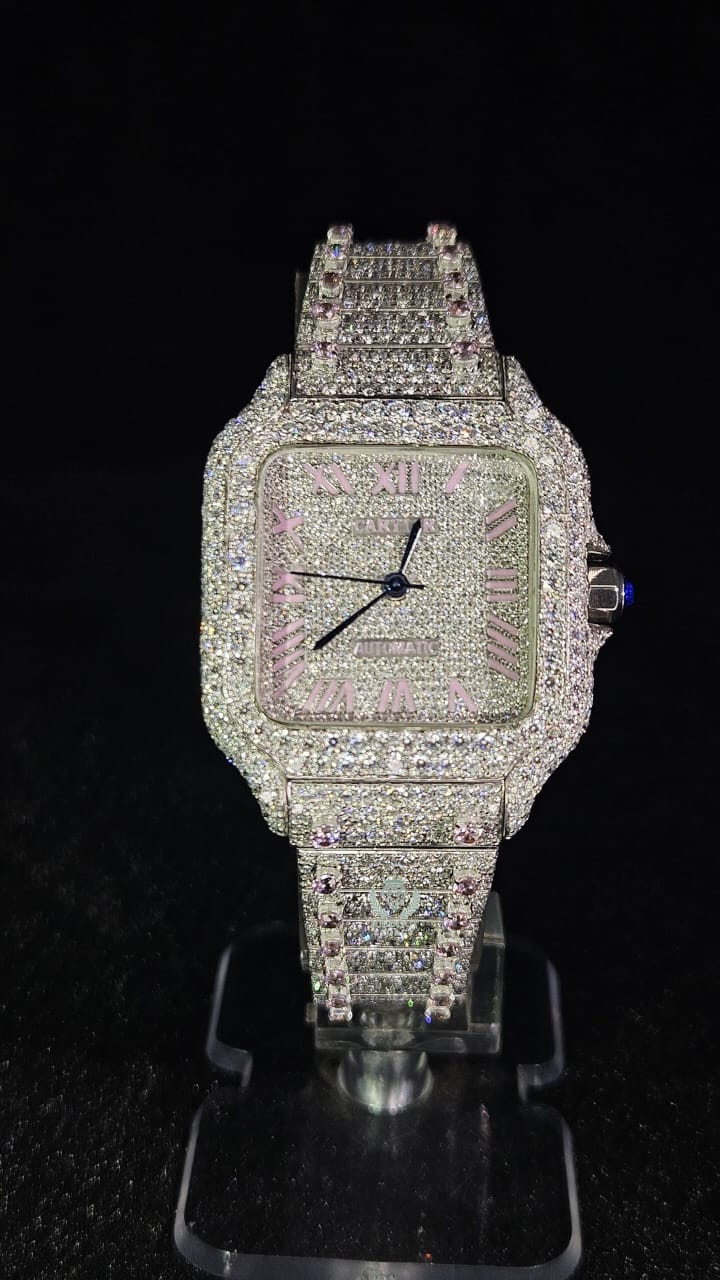 Cartier Full Iced Out Pink & White Roman Pink Dial Automatic