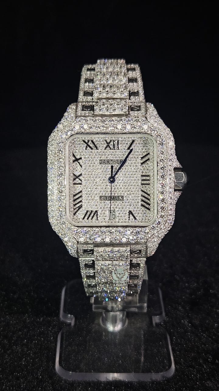 Cartier Full Iced Out Full White Roman Dial Collet Band Automatic