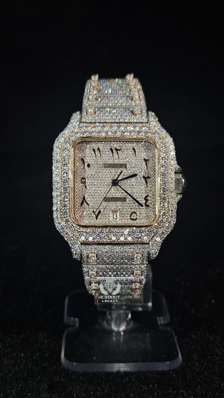 Cartier Full Iced Out Rose Gold & White Arabic Dial Automatic