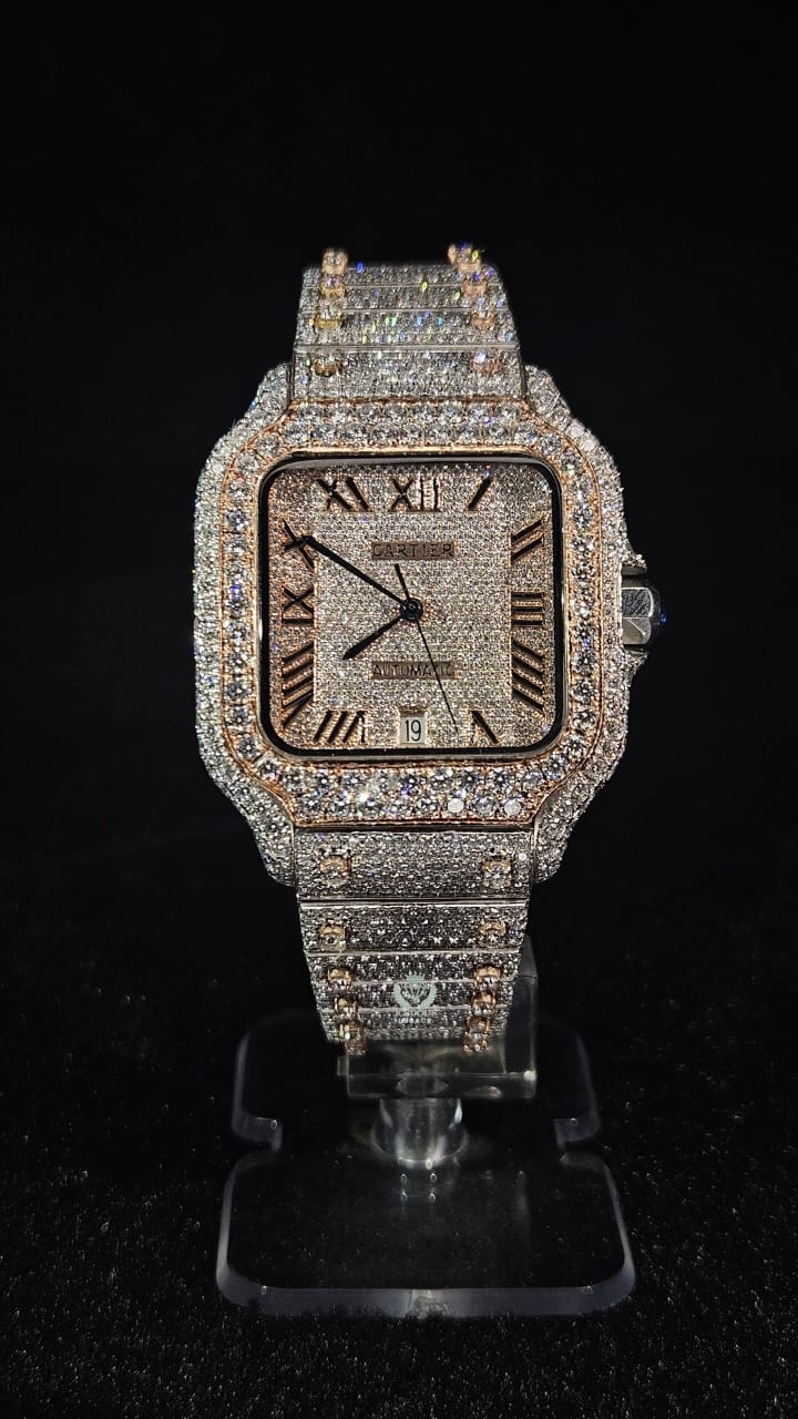 Cartier Full Iced Out Rose Gold & White Roman Dial Automatic