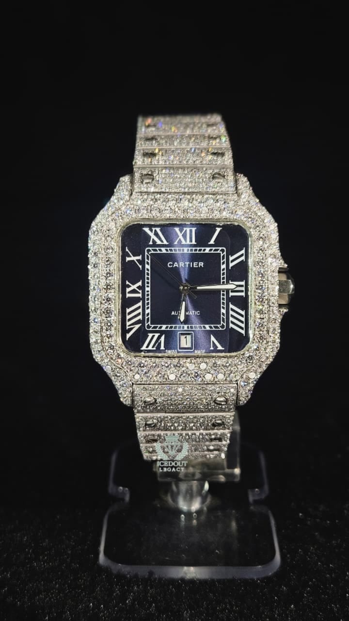 Cartier Full Iced Out Full White Roman Blue Dial Automatic