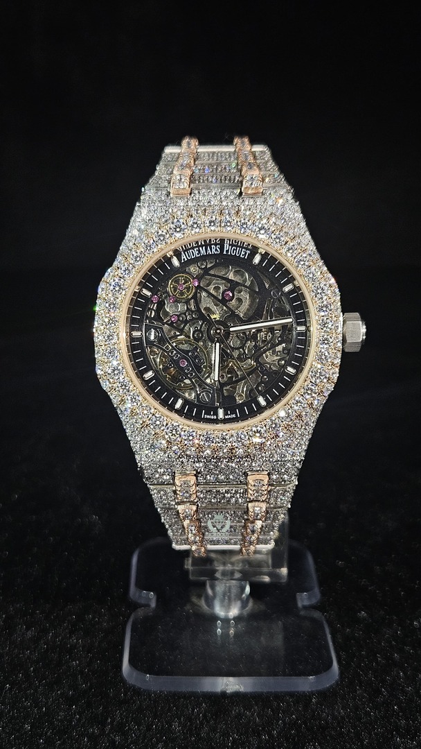 Audemars Piguet Full Iced Out Rose Gold & White Skeleton Dial Automatic
