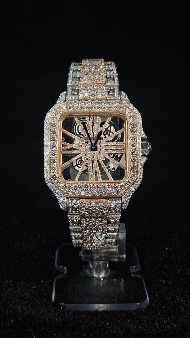 Cartier Full Iced Out Rose Gold & White Skeleton Dial Collet Band Automatic