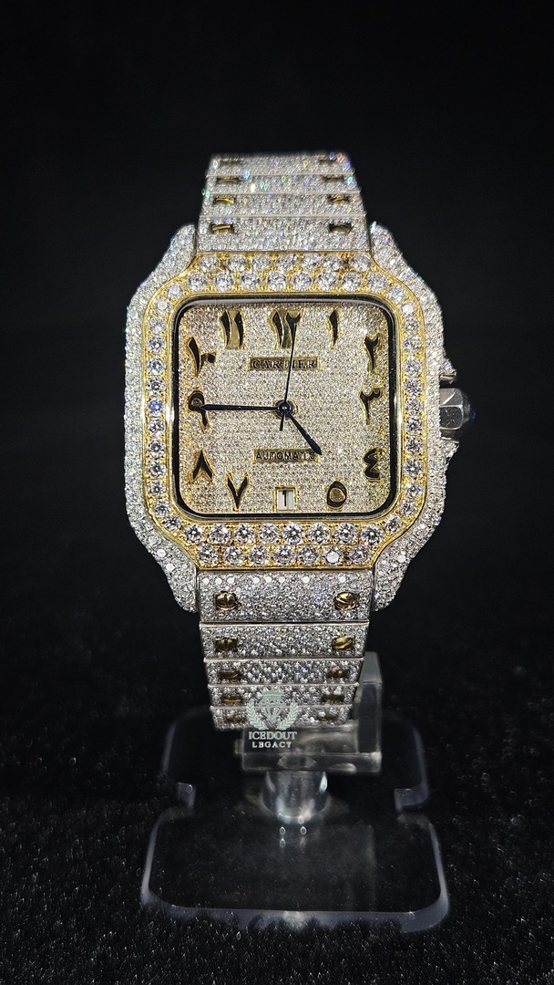 Cartier Full Iced Out Yellow Gold & White Arabic Dial Automatic