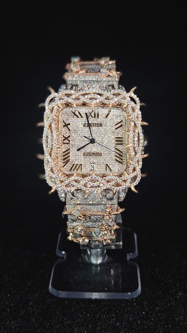 Cartier Throne Full Iced Out Rose Gold & White Roman Dial Automatic
