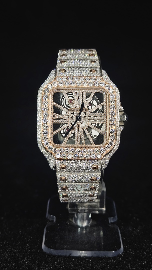 Cartier Full Iced Out Rose Gold & White Skeleton Dial Automatic