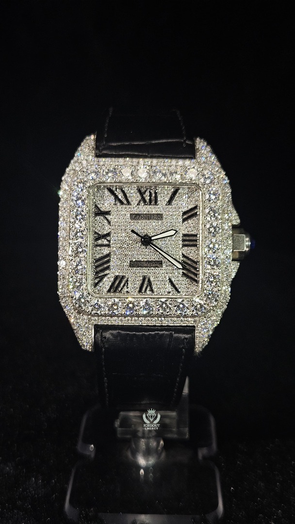 Cartier Black Leather Band Full Iced Out White Roman Dial Automatic