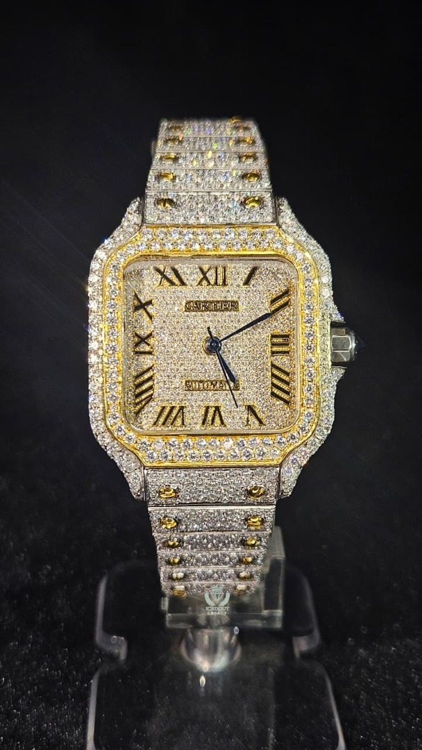 Cartier Full Iced Out Yellow Gold & White Roman Dial Automatic