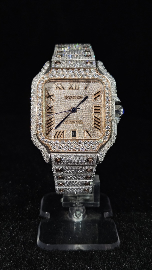 Cartier Full Iced Out Rose Gold & White Roman Dial Automatic