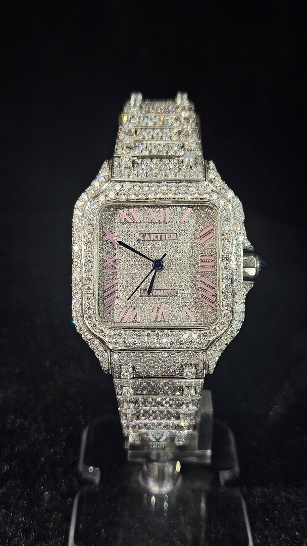 Cartier Full Iced Out White Roman Pink Dial Automatic