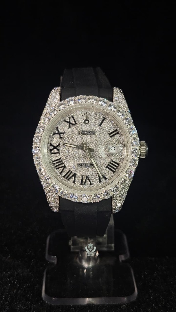 Rolex Black Rubber Band Datejust Full Iced Out White Roman Dial Automatic
