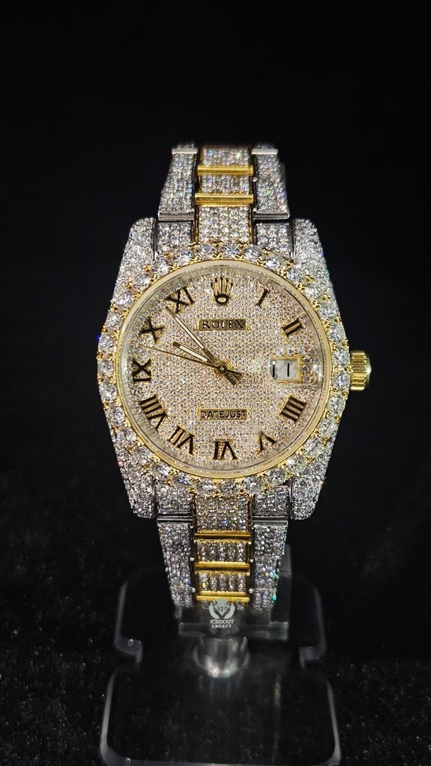 Rolex Datejust Full Iced Out Yellow Gold & White Roman Dial Oyster Chain Automatic