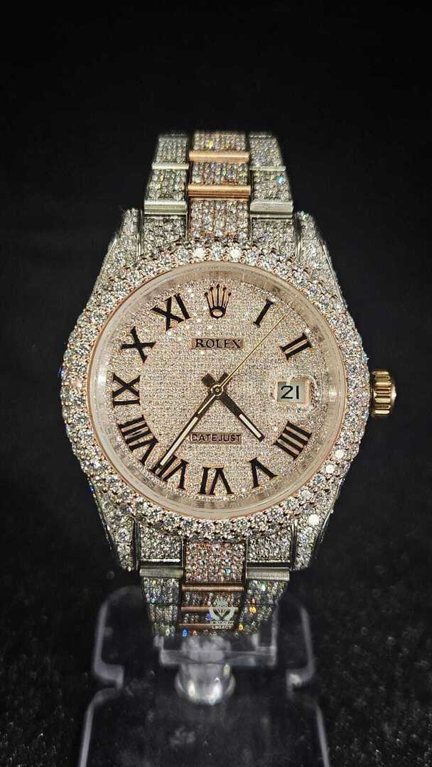 Rolex Datejust Full Iced Out Rose Gold & White Roman Dial Oyster Chain Automatic