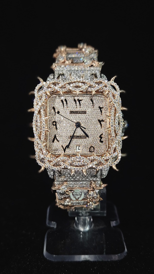 Cartier Throne Full Iced Out Rose Gold & White Arabic Dial Automatic