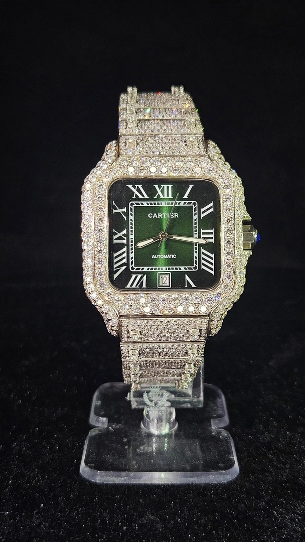 Cartier Full Iced Out Full White Roman Green Dial Automatic