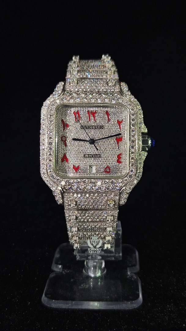 Cartier Full Iced Out Full White Aarbic Red Dial Automatic