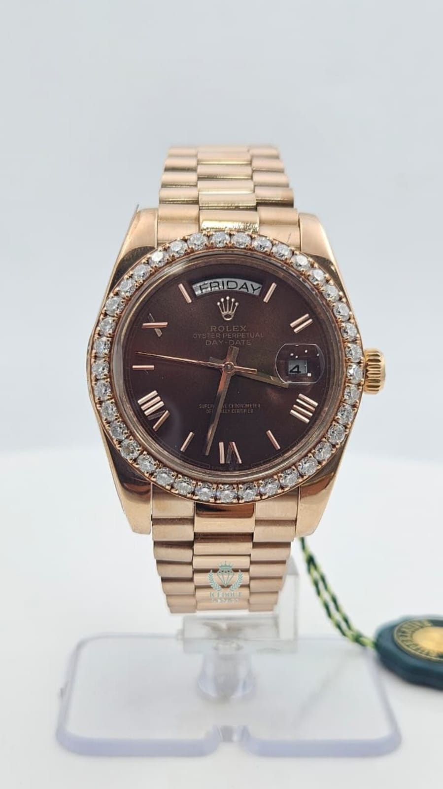 Rolex Day-Date Rose Gold Brown Dial Iced Bezel President Chain Automatic