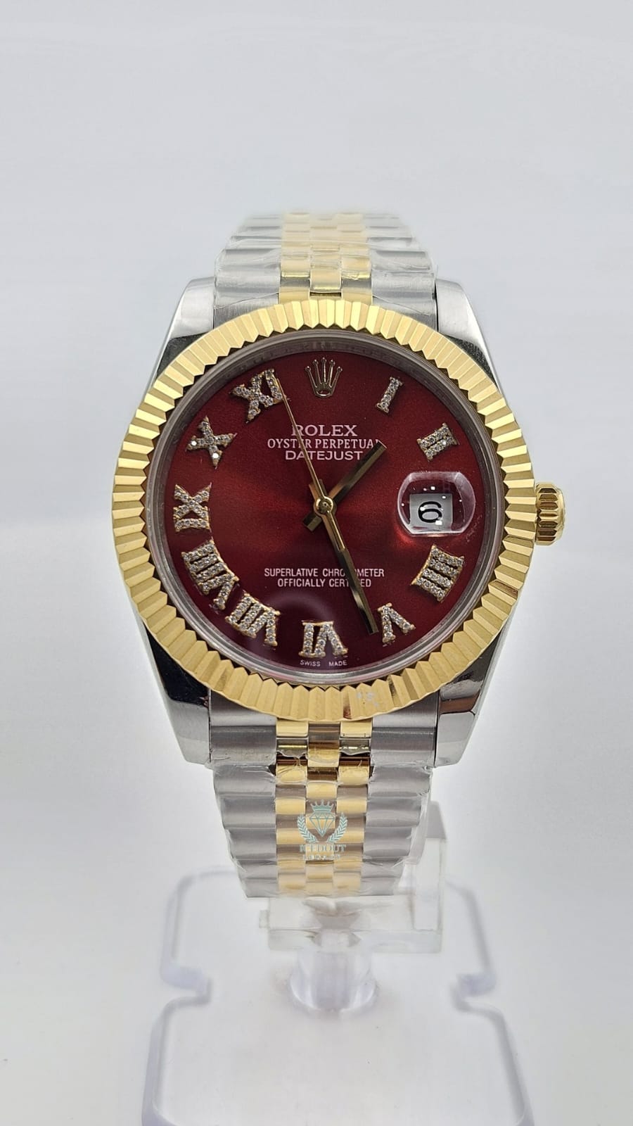 Rolex Datejust Silver & Yellow Gold Red Dial Jubilee Chain Automatic