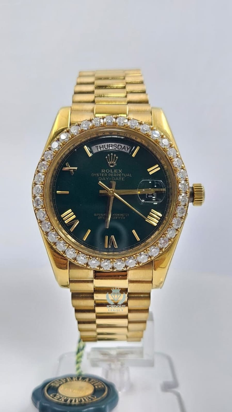 Rolex Day-Date Yellow Gold Green Dial Iced Bezel President Chain Automatic