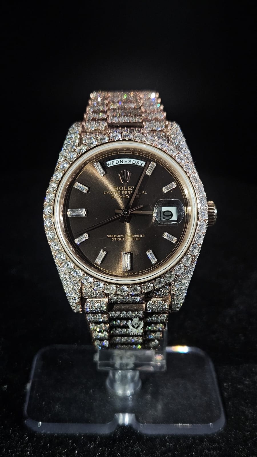 Rolex Day-Date Full Iced Out Rose Gold Brown Buguette Dial President Chain Automatic