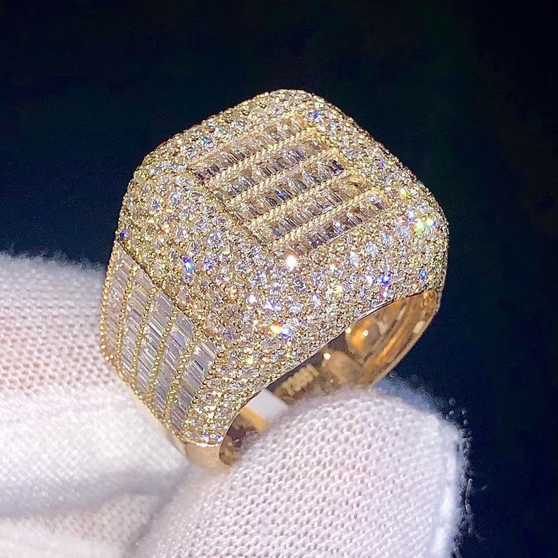 Men’s Band Ring with Diamond Cluster Iced Out Ring,Statement Ring for Men