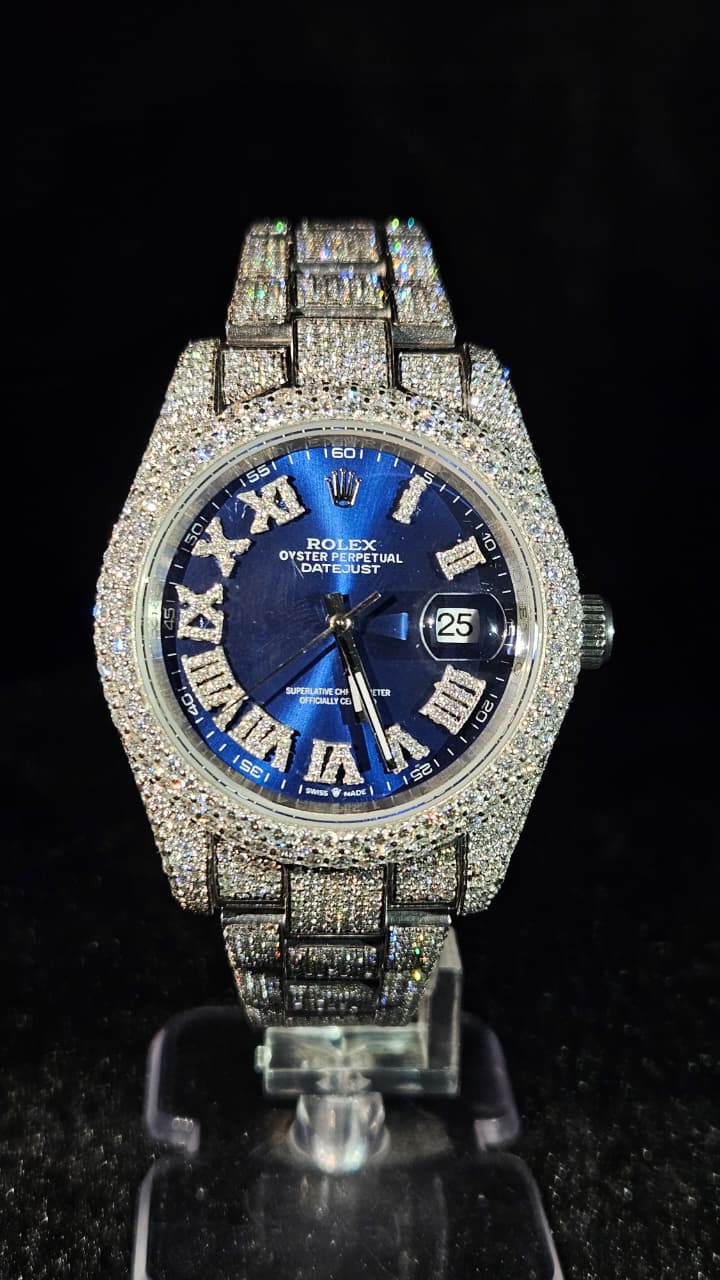 Rolex Datejust Full Iced Out White Roman Blue Dial Oyster Chain Automatic