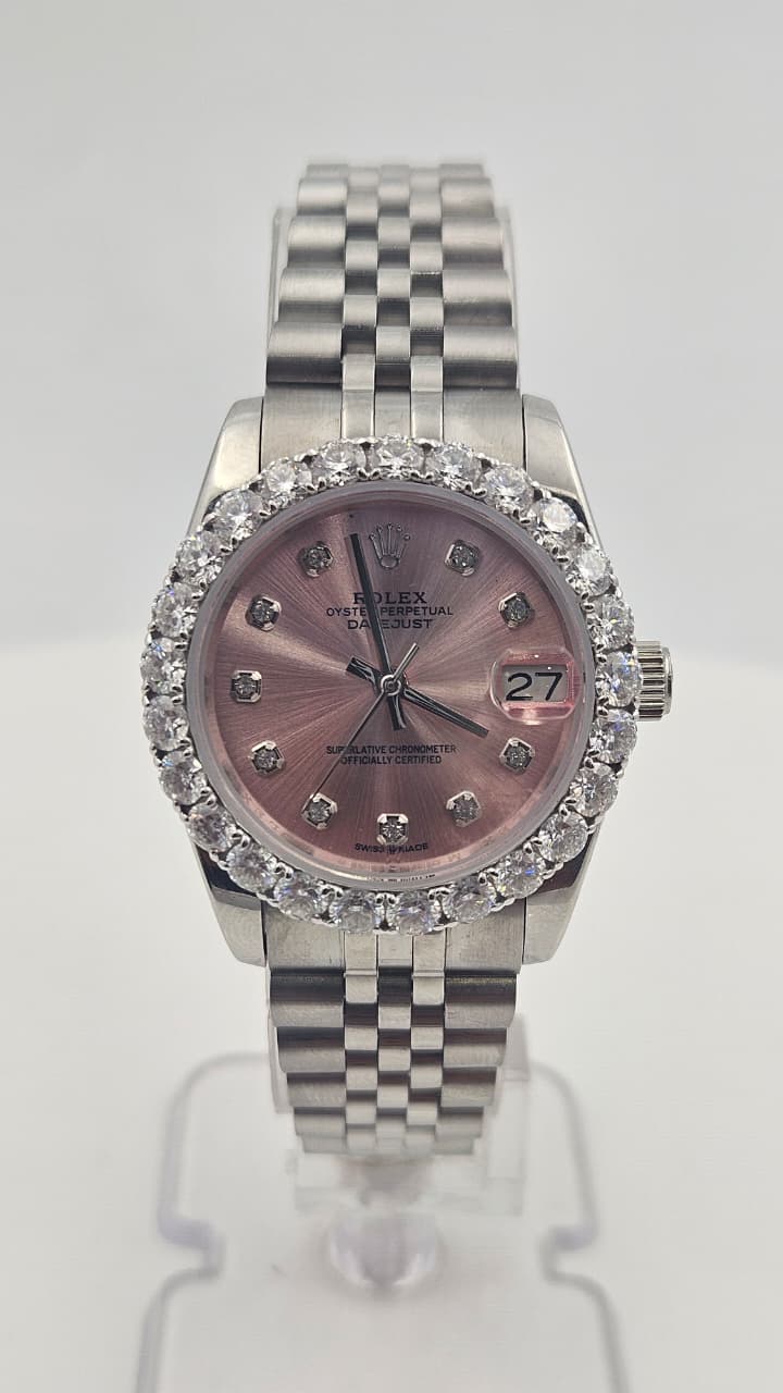 Rolex Datejust Iced Bezel Silver Pink Dial Jubilee Chain Automatic