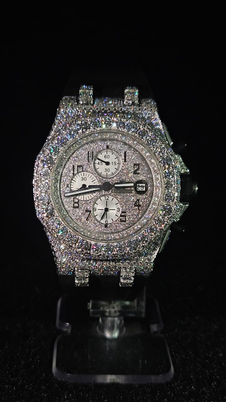 Audemars Piguet chronograph Black rubber strap Full Iced Out White Numerical Dial Automatic